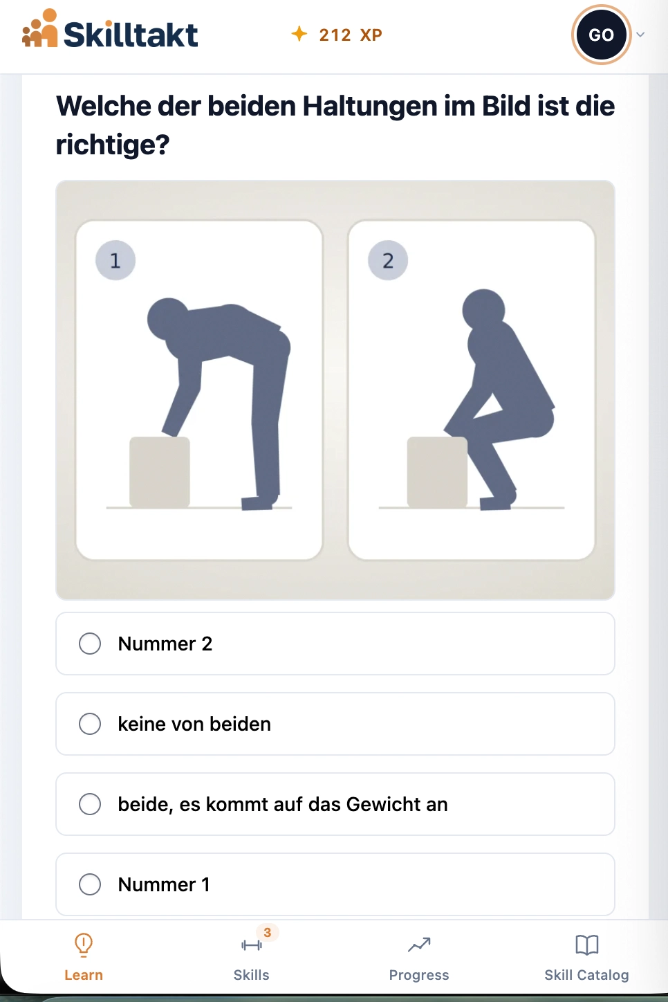 Skilltakt-App: Lernfrage zur richtigen Hebehaltung