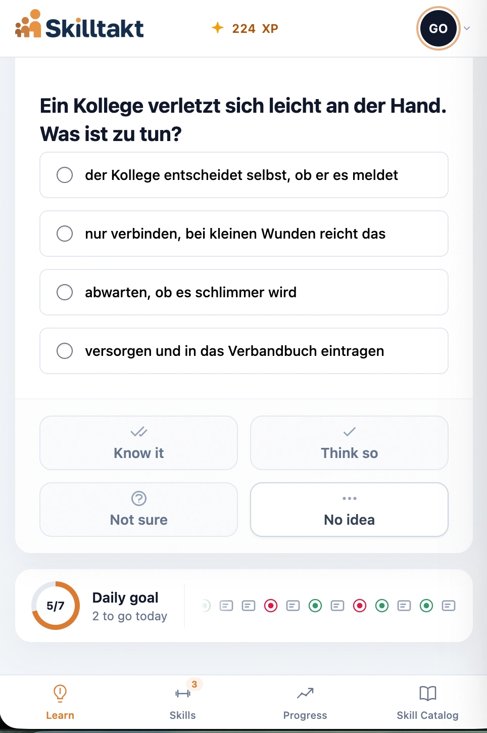 Skilltakt-App: Lernfrage auf dem Smartphone